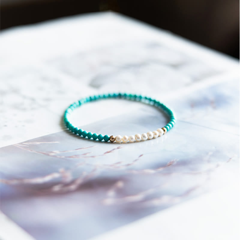 925 Sterling Silver Natural Turquoise Pearl Beaded Bracelet