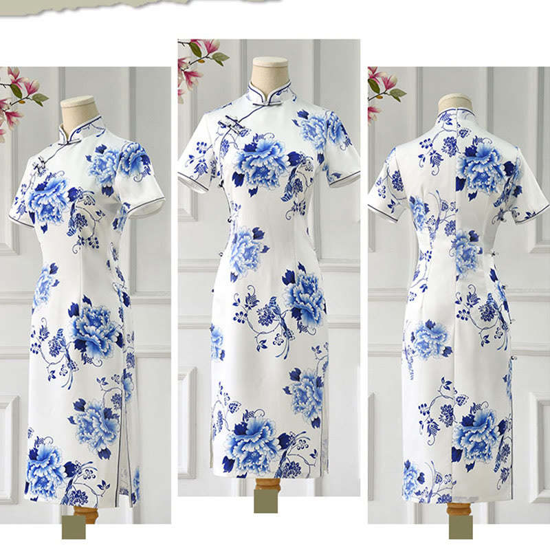 Blue And White Porcelain Color Peony Flower Pattern Cheongsam Dress Women's Qipao Dress