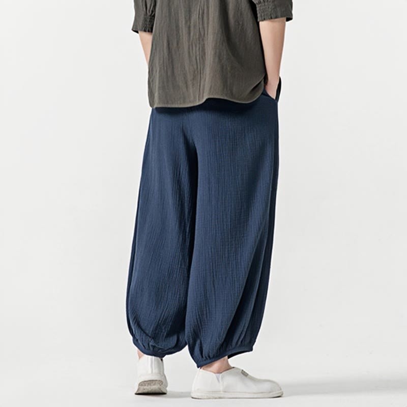 Soft Solid Color Drawstring Cotton Men's Pants With Pockets