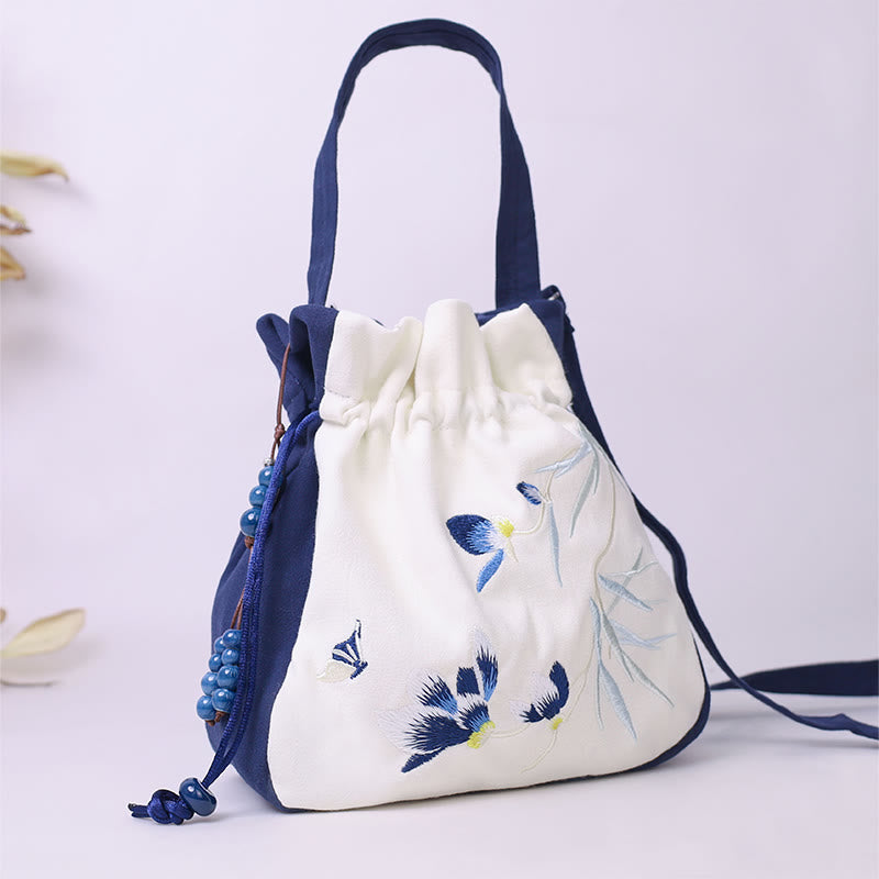 Embroidered Butterfly Lotus Magnolia Cotton Linen Tote Crossbody Bag Shoulder Bag Handbag