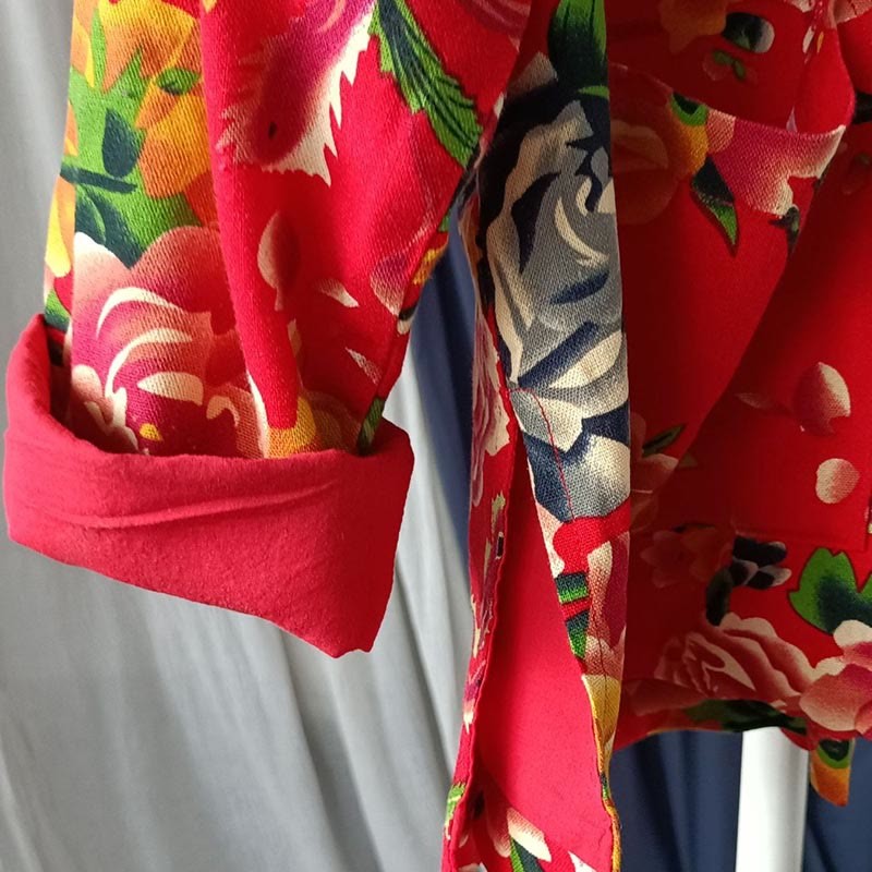 Ethnic Red Flower Peony Frog-Button Cotton Linen Long Sleeve Shirt Jacket With Pockets