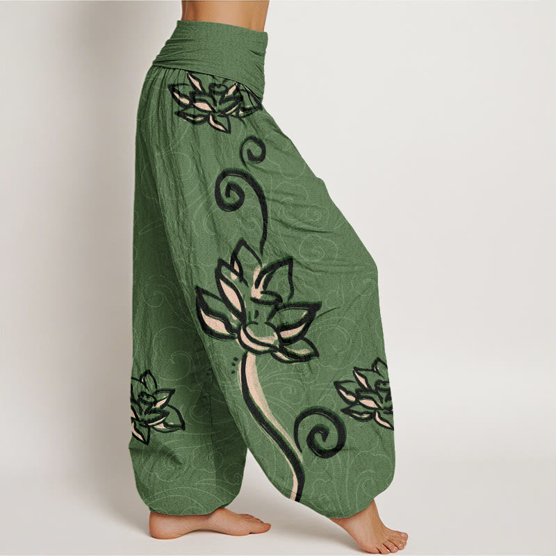 Casual Lotus Auspicious Clouds Design Women's Elastic Waist Harem Pants