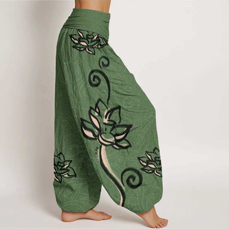 Casual Lotus Auspicious Clouds Design Women's Elastic Waist Harem Pants