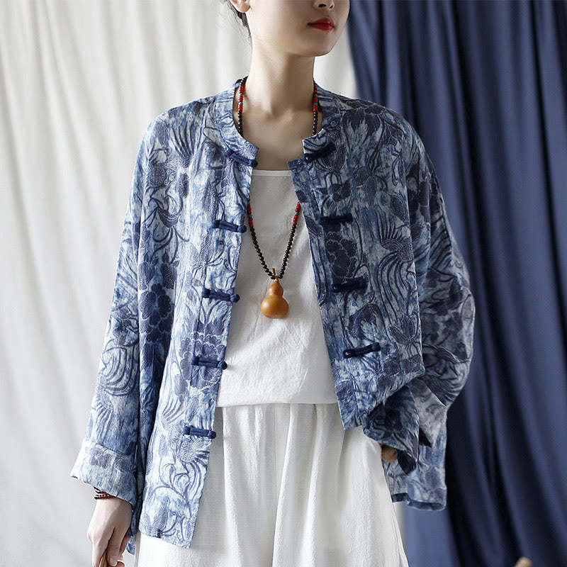 Retro Blue White Flowers Frog-Button Design Long Sleeve Ramie Linen Jacket Shirt