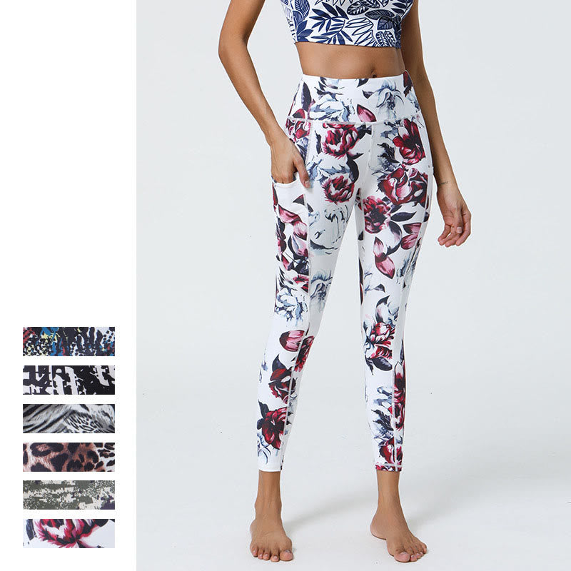 Rose Lines Tiger Leopard Print Sports Fitness High Waist Leggings Women's Yoga Pants With Pockets