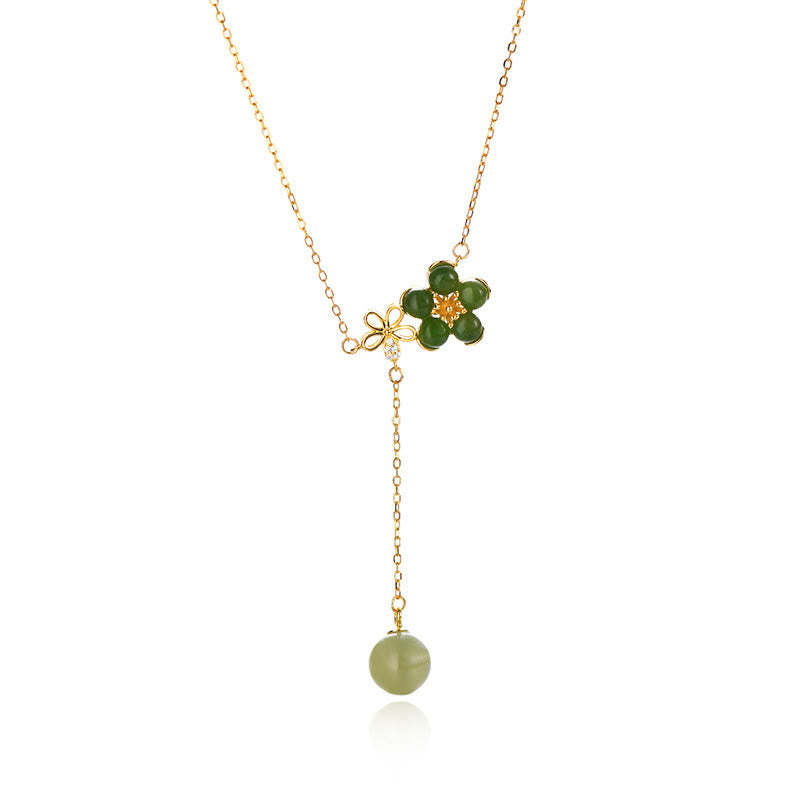 925 Sterling Silver Hetian Cyan Jade Plum Flower Blossom Design Luck Necklace Pendant