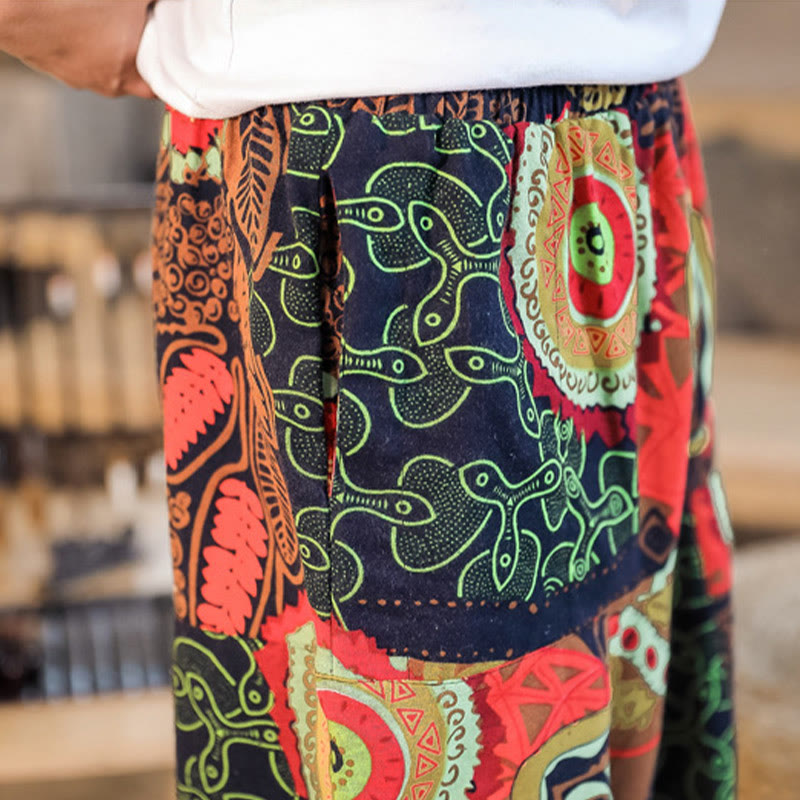 Red Gold Casual Leaves Print Cotton Men's Harem Pants With Pockets