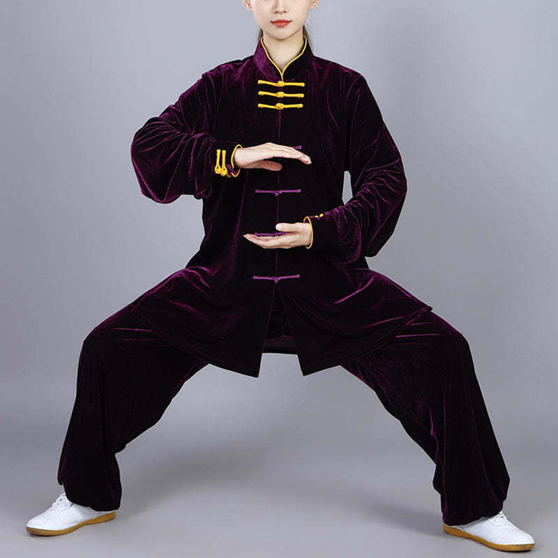 2Pcs Fall Winter Tai Chi Qigong Practice Unisex Frog-Button Meditation Velour Clothing Set