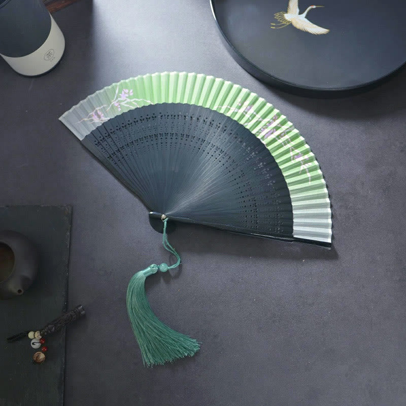 Flower Plain Handheld Polyester Tassel Bamboo Folding Fan 21cm