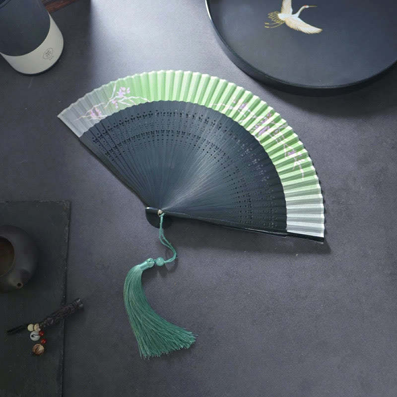 Flower Plain Handheld Polyester Tassel Bamboo Folding Fan 21cm