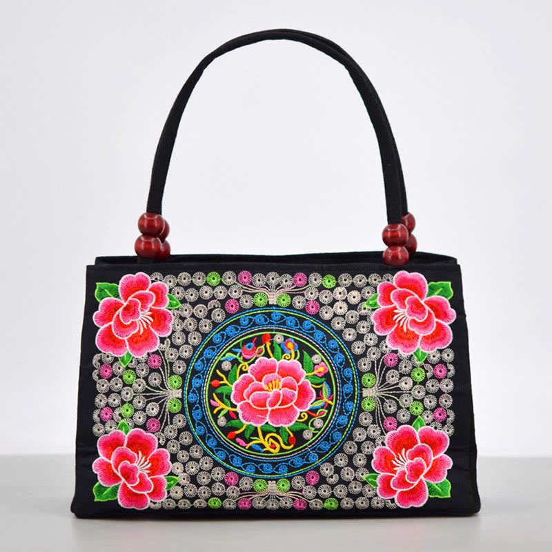 Galsang Inula Flower Peony Peacock Double-Sided Embroidery Canvas Shopping Purse Handbag