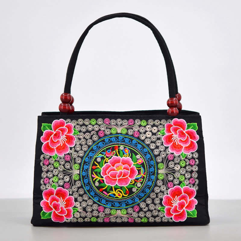 Galsang Inula Flower Peony Peacock Double-Sided Embroidery Canvas Shopping Purse Handbag