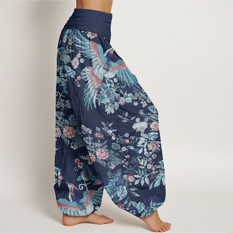 Colorful Flowers Birds Leaves Pattern Women's Elastic Waist Harem Pants