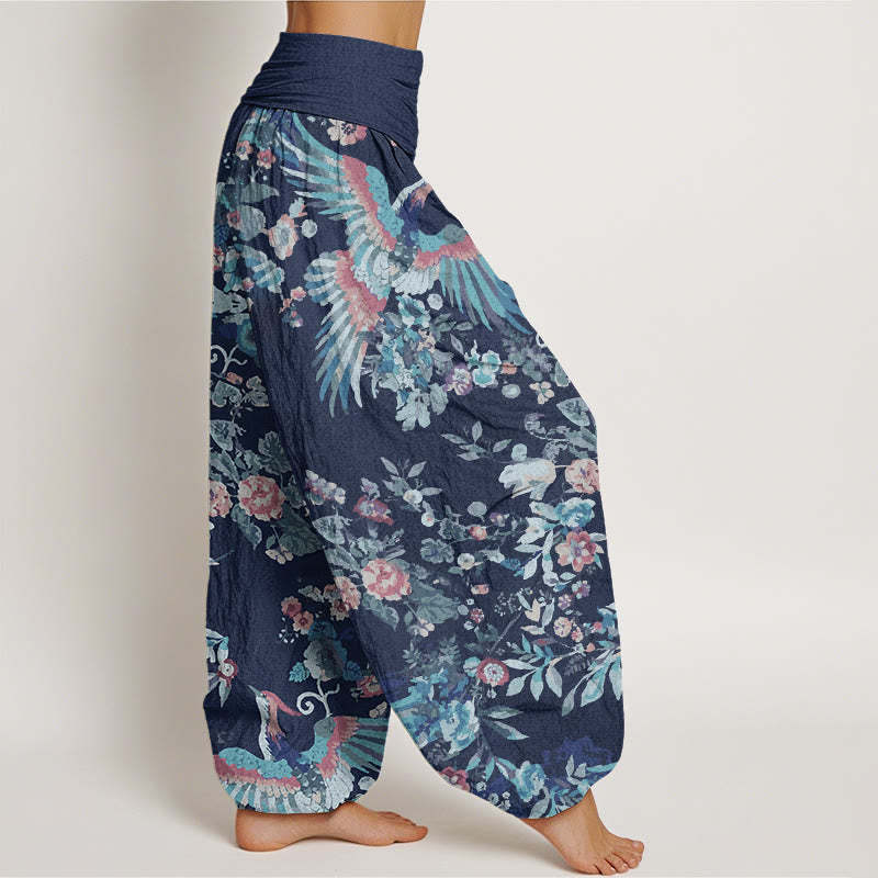 Colorful Flowers Birds Leaves Pattern Women's Elastic Waist Harem Pants