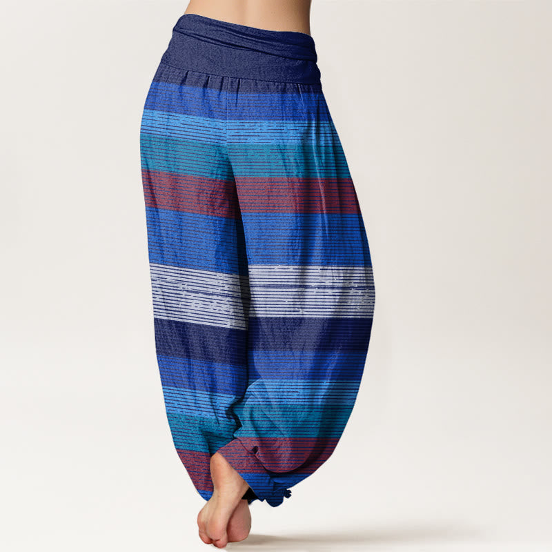 Casual Colorful Horizontal Stripe Pattern Women's Elastic Waist Harem Pants