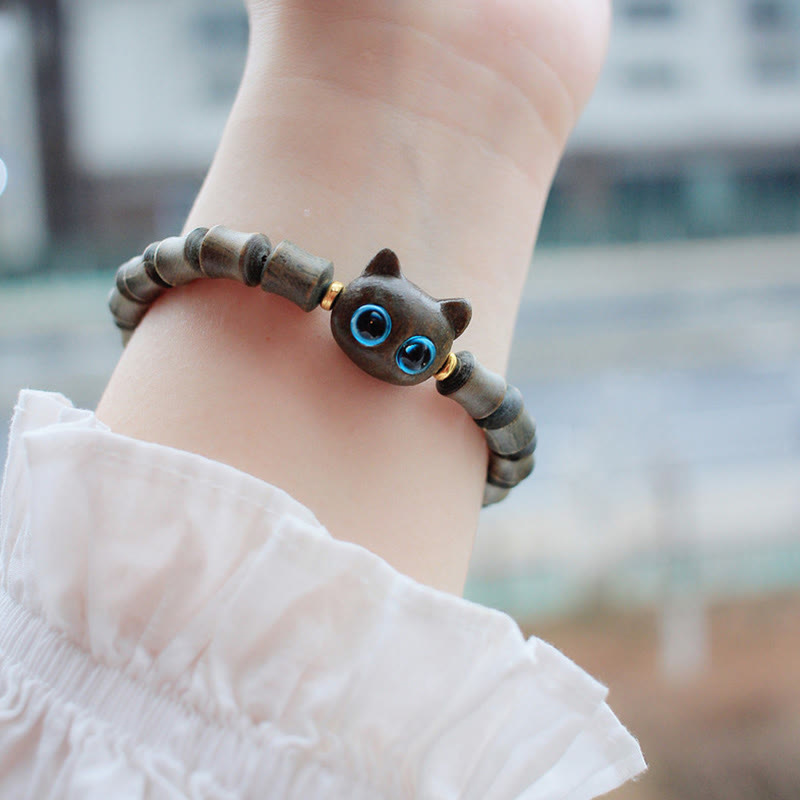 Ebony Wood Green Sandalwood Cute Cat Peace Bracelet
