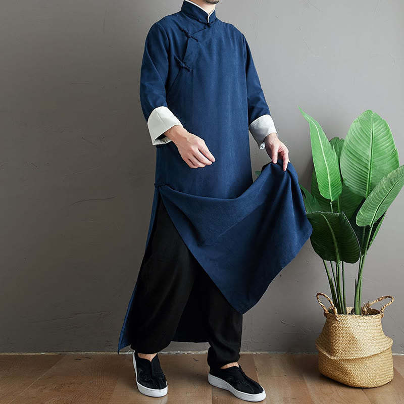 Fall Solid Color Chinese Frog-Button Cotton Men's Tang Suit Robe