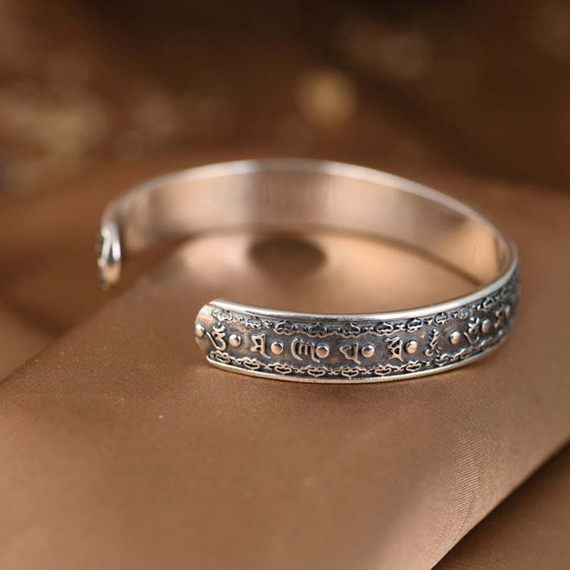 925 Sterling Silver Om Mani Padme Hum Double Dorje Engraved Wisdom Cuff Bracelet Bangle