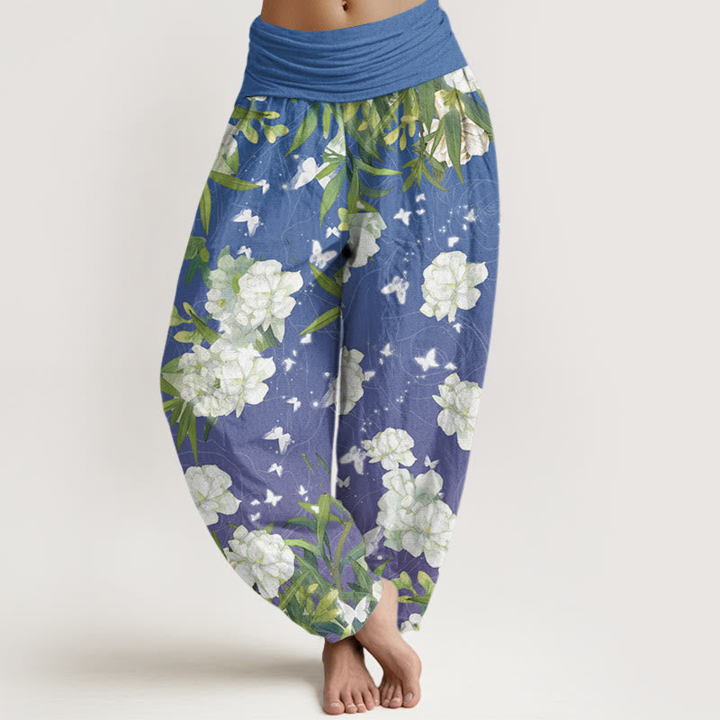 Casual White Flowers Women's Elastic Waist Harem Pants
