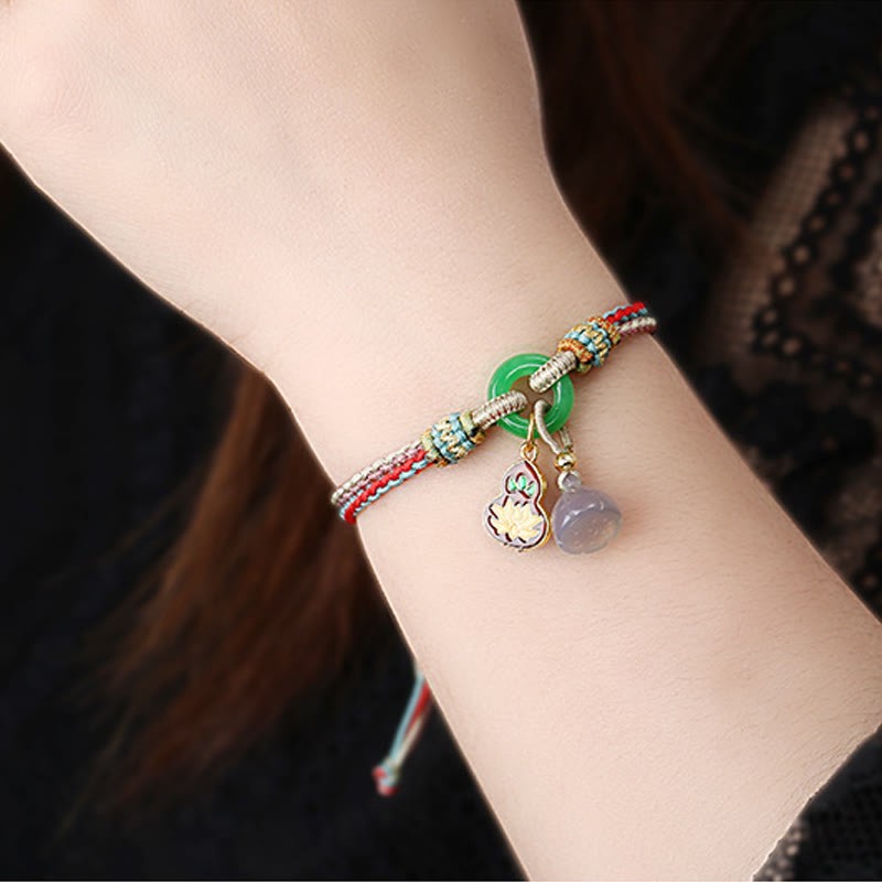 Colorful Rope Chalcedony Lotus Jade Peace Buckle Harmony Gourd Charm Bracelet