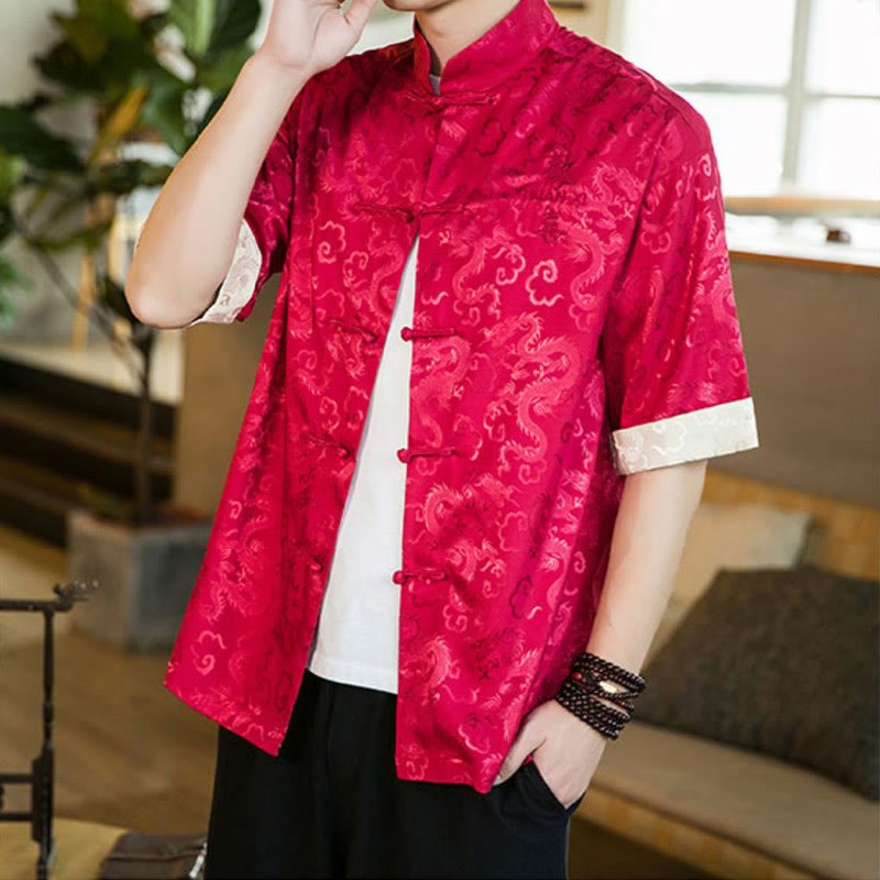 Chinese Tang Suit Frog-button Dragon Print Men's Half Sleeve Shirts