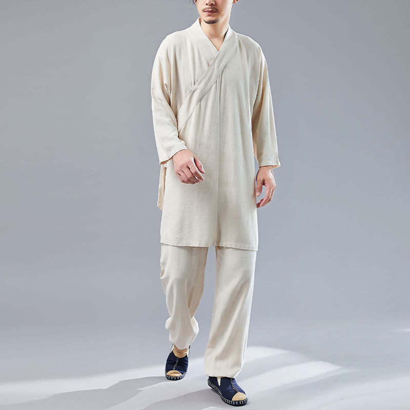 2Pcs V-Neck Men's Long Sleeve Shirt Top Pants Meditation Zen Tai Chi Cotton Linen Clothing Set