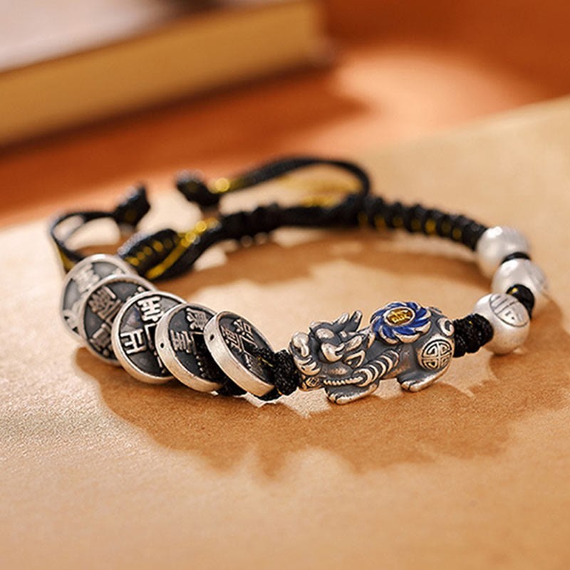 999 Sterling Silver FengShui PiXiu Copper Coin Fu Character Wealth Braided Bracelet