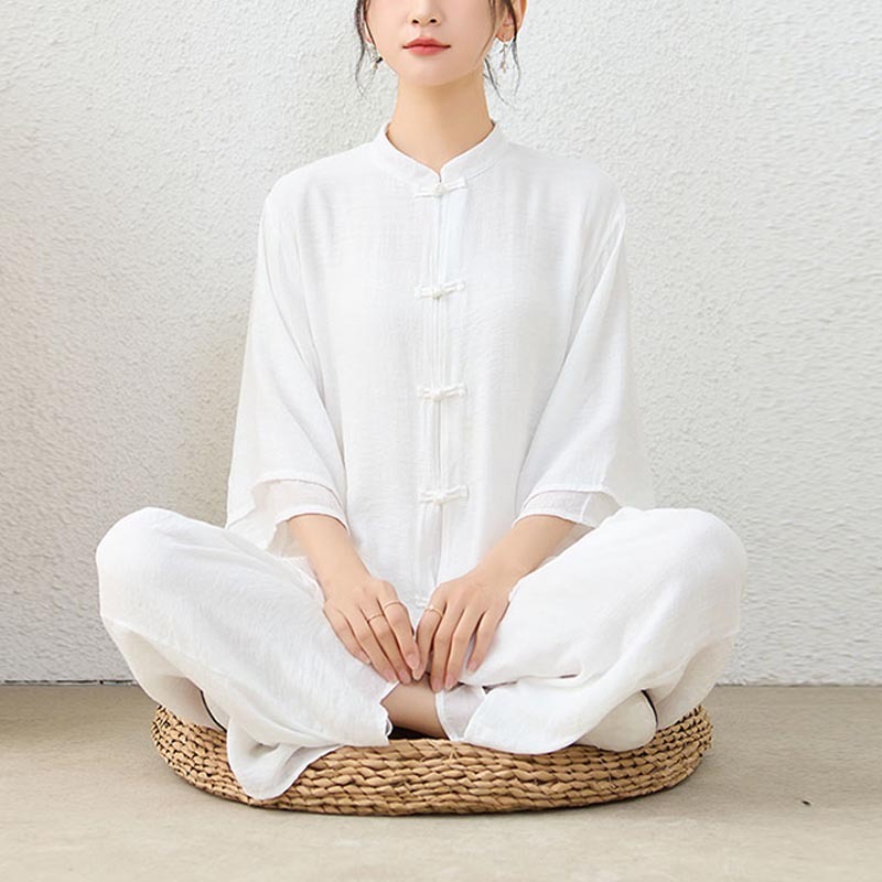 2Pcs Simple Chinese Frog Button Design Top Pants Meditation Yoga Zen Tai Chi Cotton Clothing Women's Set