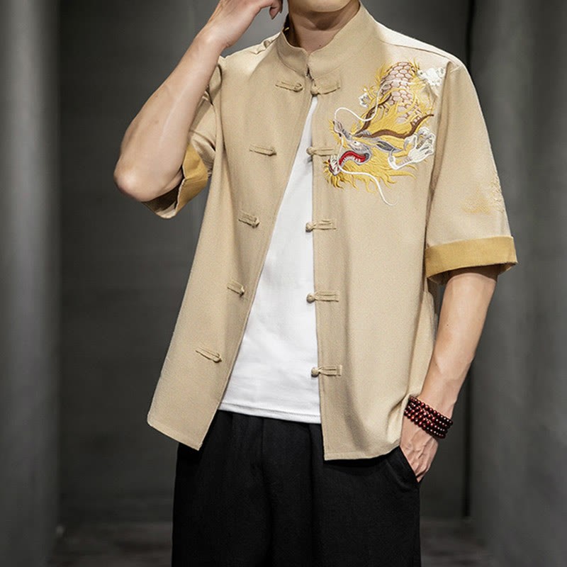 Frog-Button Chinese Dragon Auspicious Cloud Embroidery Half Sleeve Shirt Cotton Linen Men Clothing