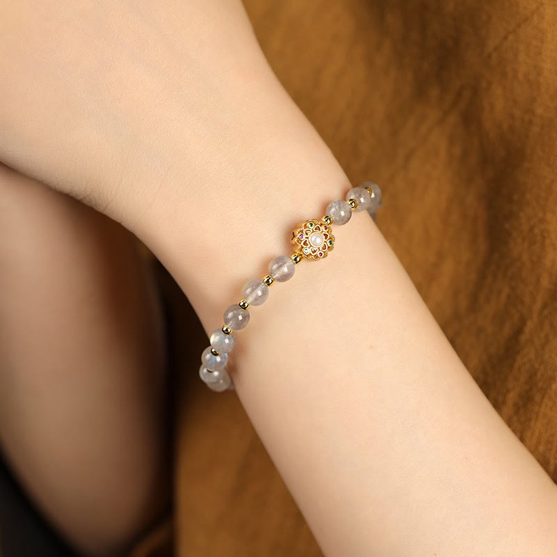 14K Gold Plated Natural Strawberry Quartz Labradorite Sun Stone Fu Character Positive Charm Bracelet