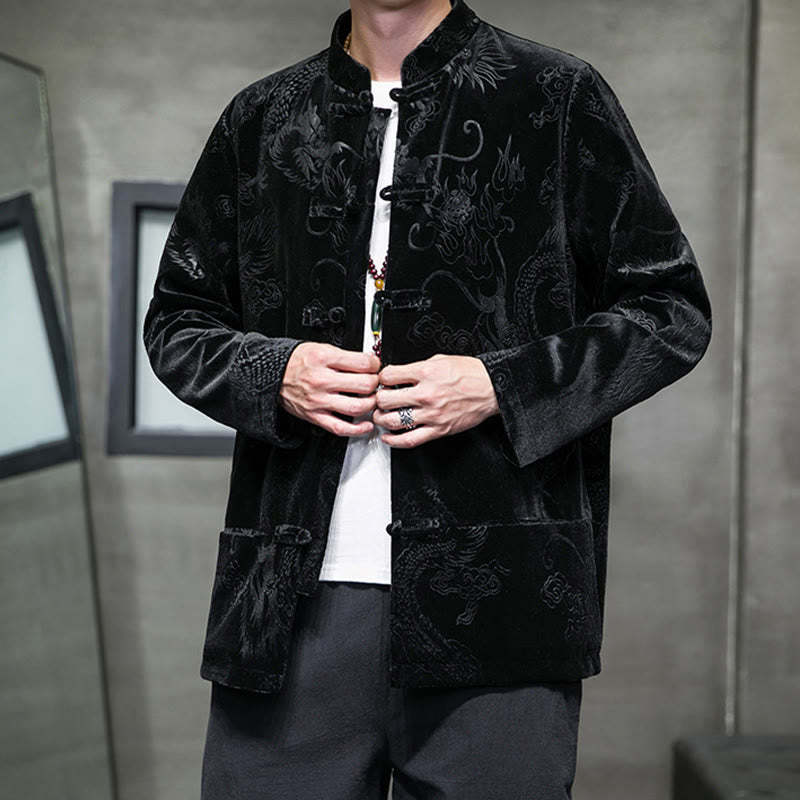 Men's Frog-button Tang Suit Dragon Pattern Lisvelte Cotton Jacket Shirt With Pockets