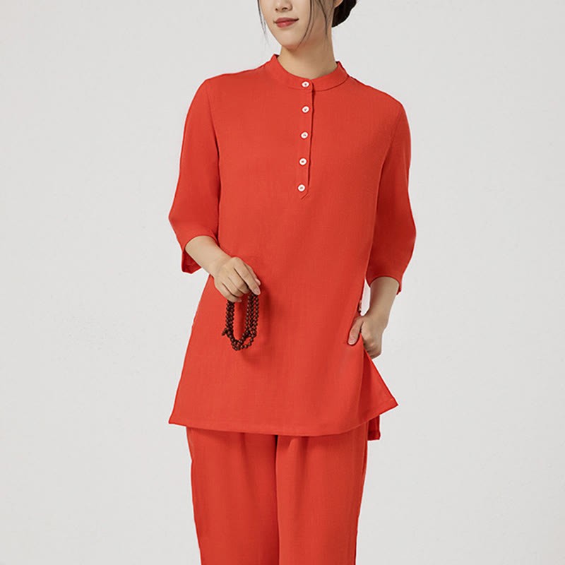 2Pcs Solid Color Three Quarter Shirt Top Pants Meditation Zen Tai Chi Cotton Linen Clothing Women's Set