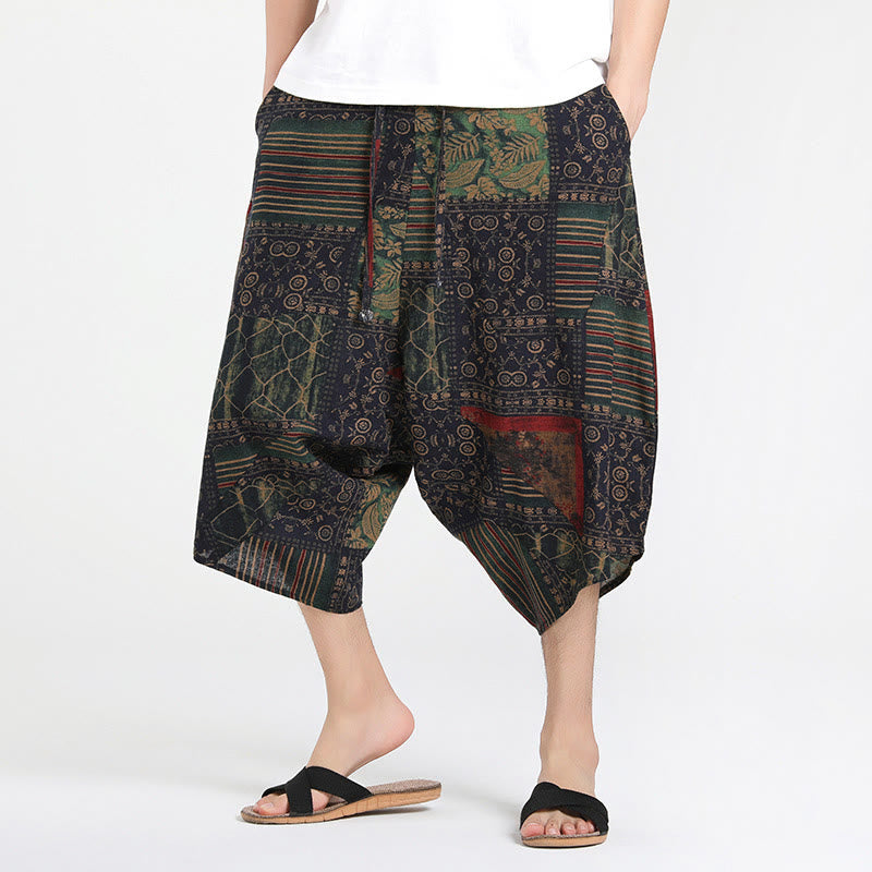 Ethnic Pattern Drawstring 7-8 Length Cotton Men's Harem Pants With Pockets