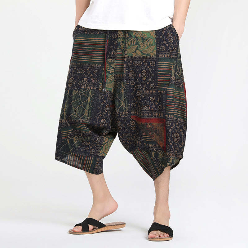 Ethnic Pattern Drawstring 7-8 Length Cotton Men's Harem Pants With Pockets