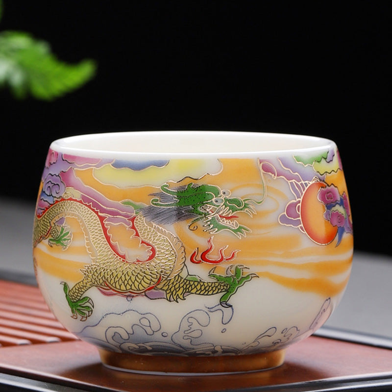 Dragon Phoenix Auspicious Clouds Sun Ocean Waves Ceramic Teacup Kung Fu Tea Cup