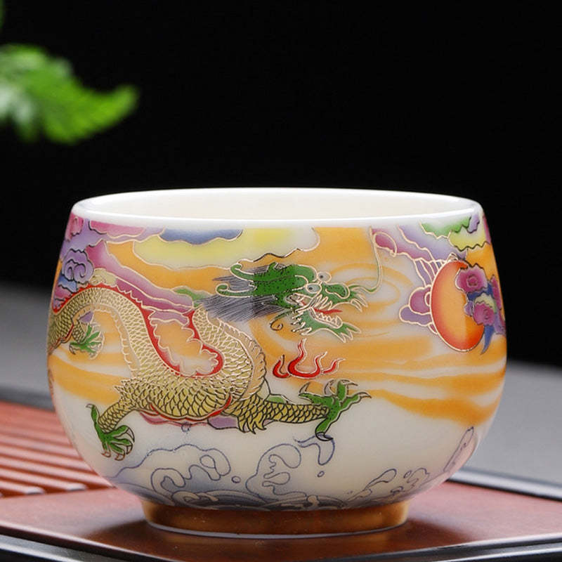 Dragon Phoenix Auspicious Clouds Sun Ocean Waves Ceramic Teacup Kung Fu Tea Cup