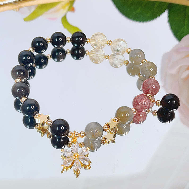 Natural Silver Sheen Obsidian Love Heart Star Flower Protection Bracelet (Extra 30% Off | USE CODE: FS30)