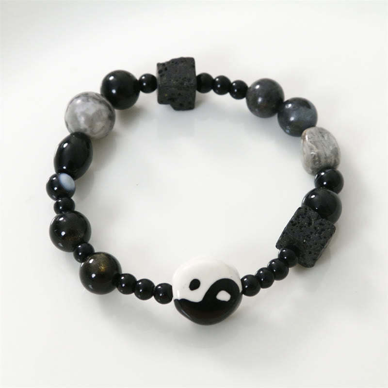 Black Onyx Picasso Jasper Bead Yin Yang Fortune Protection Bracelet