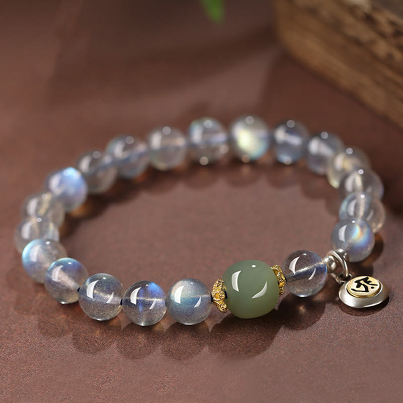 Chinese Zodiac Natal mystic zen 925 Sterling Silver Natural Moonstone Hetian Jade Positive Bracelet