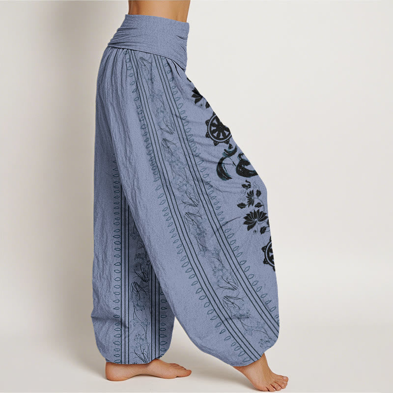 Dharma Wheel Lotus OM Pattern Women's Elastic Waist Harem Pants