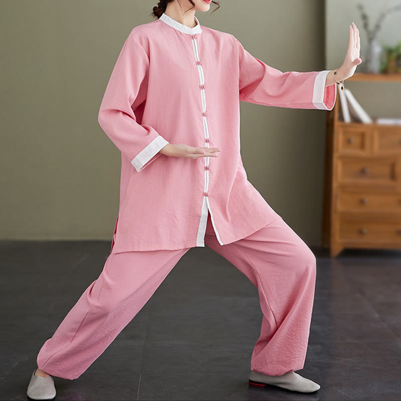 2Pcs Vintage Long Sleeve Shirt Top Pants Meditation Zen Tai Chi Cotton Linen Clothing Women's Set