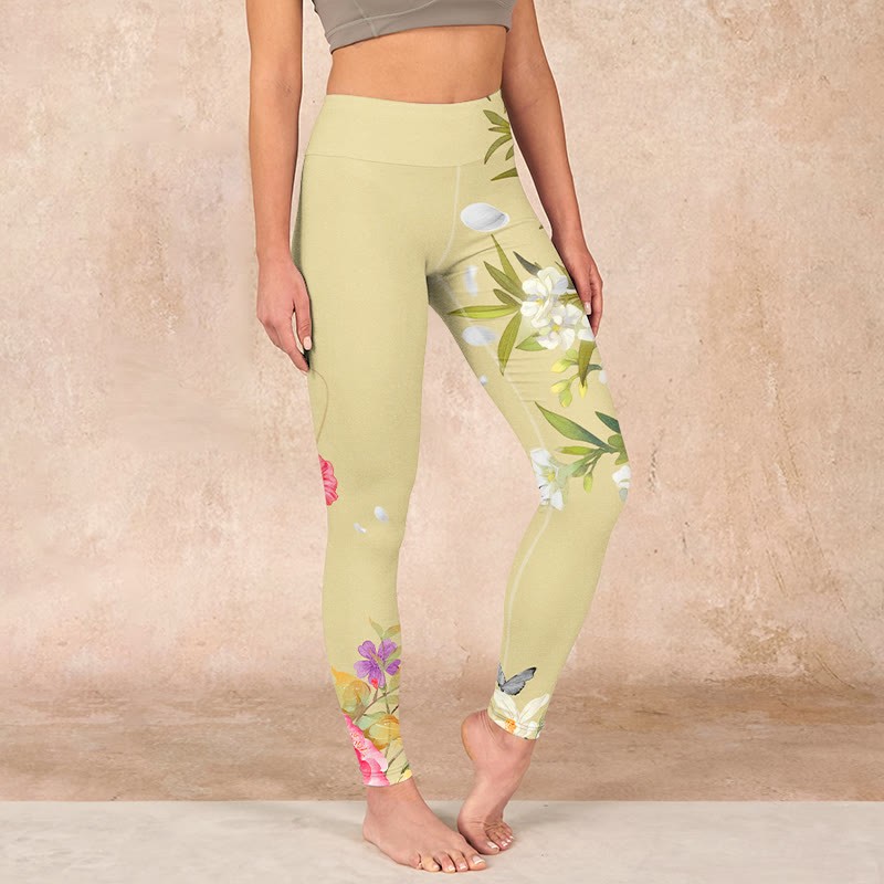 Flowers Plants Butterfly Print Fitness Leggings Women's Yoga Pants