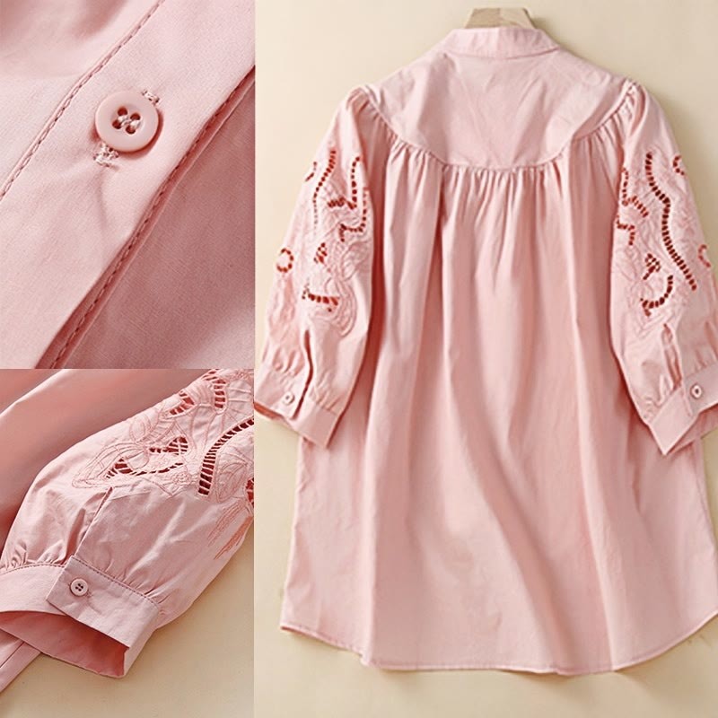 Casual Embroidery Flower Hole Design Three Quarter Sleeve Cotton Linen Women's Shirt