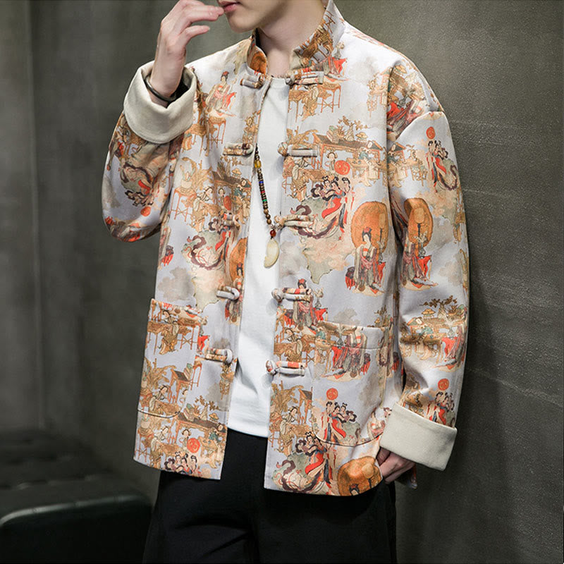 Chinese New Year Clothes Ancient Figure Painting Solid Color Cuff Frog-button Tang Suit Cotton Men's Jacket Shirt With Pockets