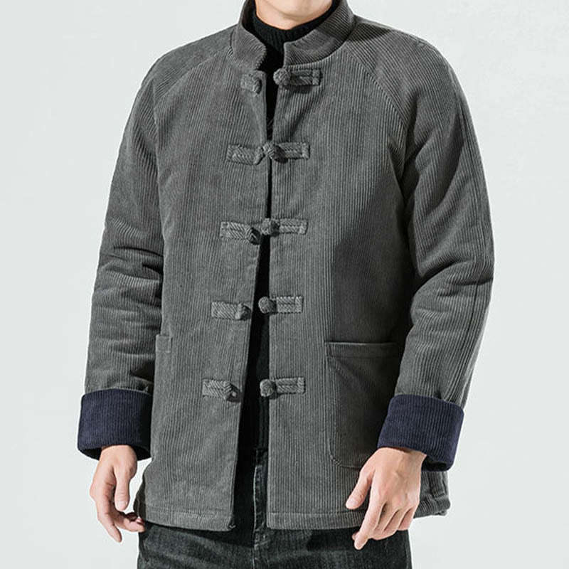 Frog-Button Chinese Tang Suit Stand Collar Long Shirt Corduroy Men Cotton Jacket Clothing