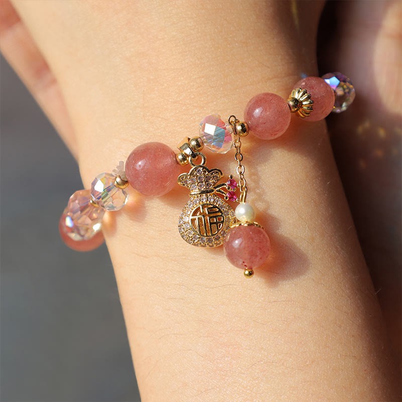 Love Healing Natural Strawberry Quartz Crystal Money Bag Charm Positive Bracelet