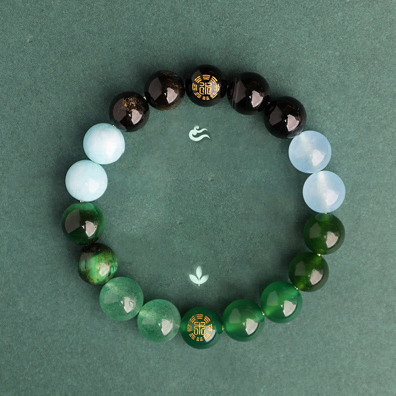 Five Elements Various Agate Crystal Black Onyx Green Chalcedony Aquamarine Wisdom Bracelet
