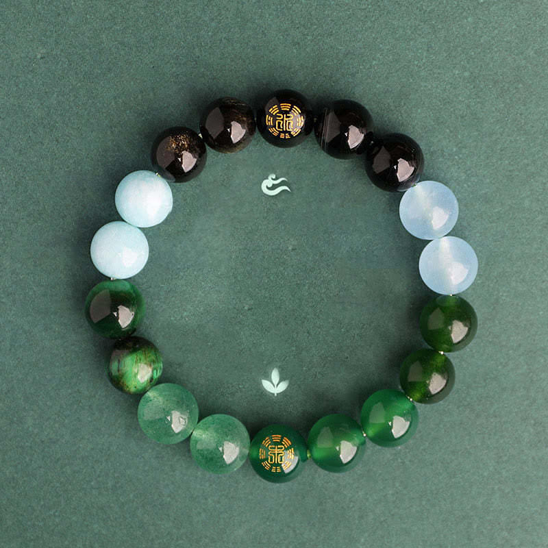 Five Elements Various Agate Crystal Black Onyx Green Chalcedony Aquamarine Wisdom Bracelet