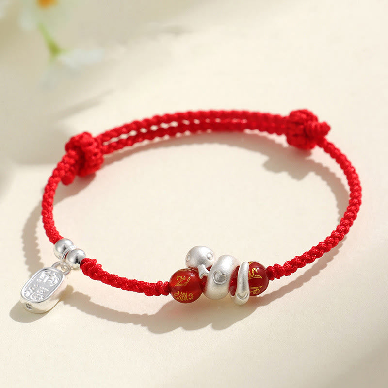 999 Sterling Silver Year Of The Snake Red Agate Black Onyx Lucky Fortune Six True Words Happiness Braided Bracelet