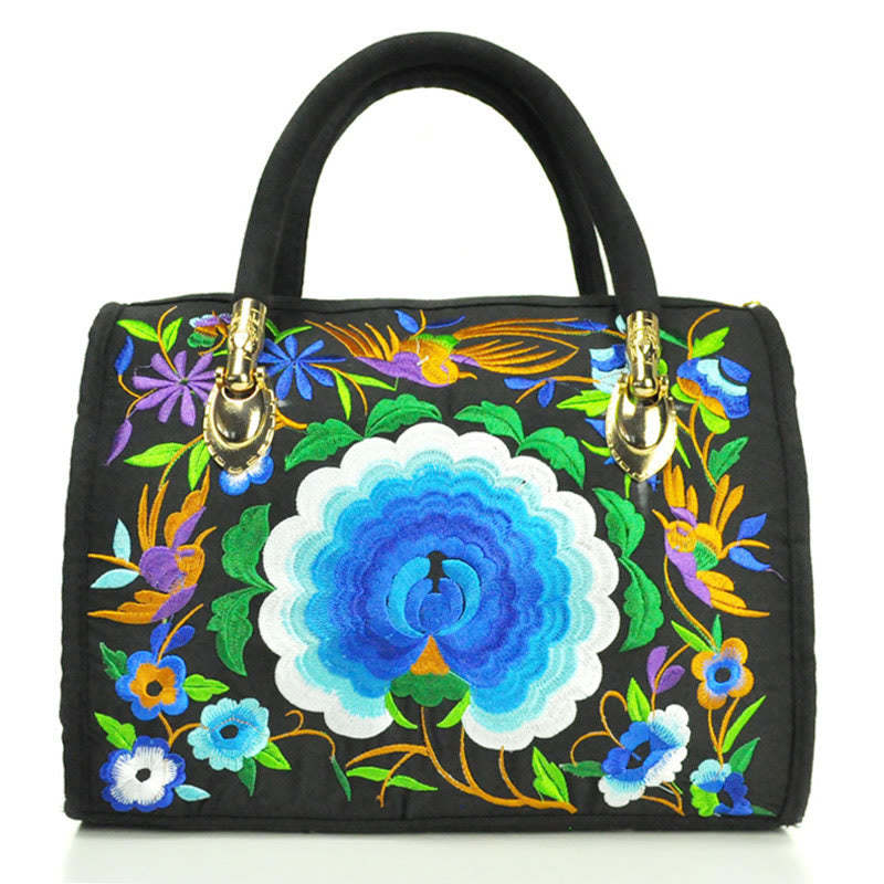 Money Tree Peony Camellia Double-Sided Embroidery Canvas Shopping Purse Handbag Crossbody Bag